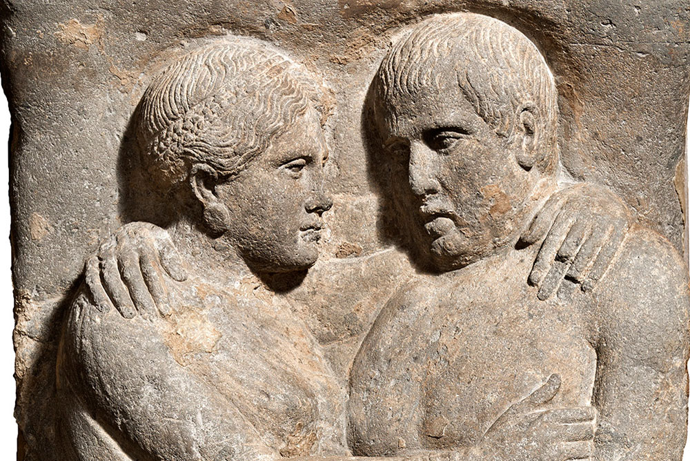 Sarcophagus and lid with portraits of husband and wife (detail; late 4th–early 3rd century BC), Etruscan; Volcanic tuff.