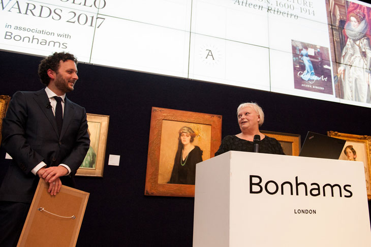 Apollo Awards 2017: Aileen Ribeiro, author of 'Clothing Art', collects the award for Book of the Year. Photo © Anne Schwarz