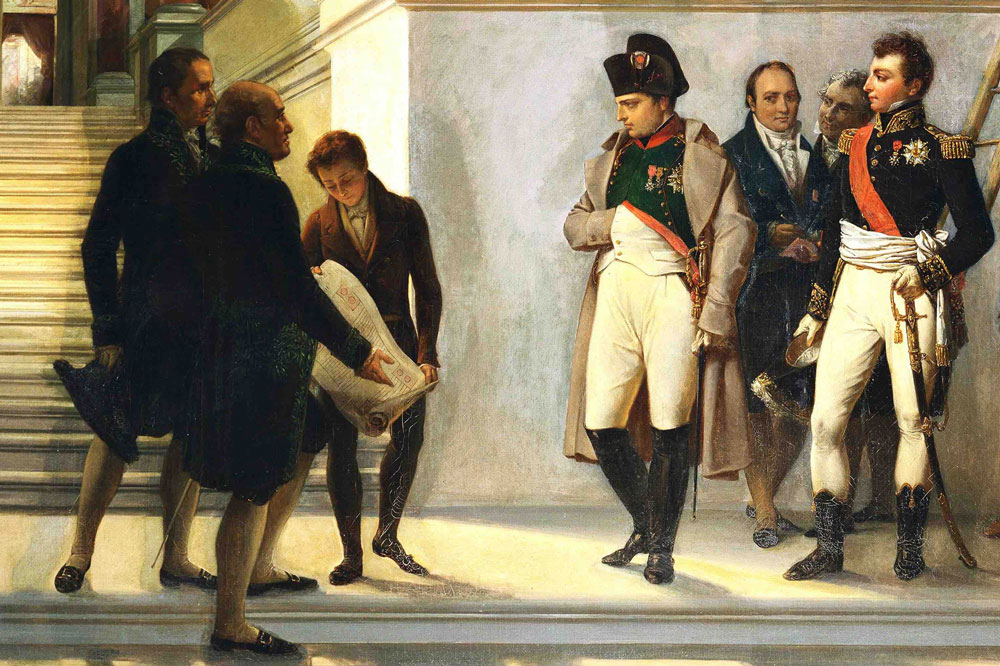 Napoleon visiting the stairs of the Louvre, guided by the architects Percier and Fontaine