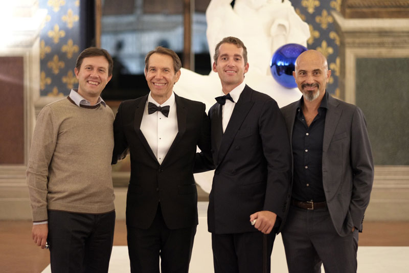 Dario Nardella, Jeff Koons, Fabrizio Moretti and Sergio Risaliti in the Palazzo Vecchio, Florence.