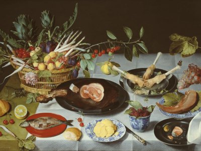 A Still Life of a laid Table, with Plates of Meat and Fish... (c. 1615), Jacob van Hulsdonck. Johnny Van Haeften at London Art Week