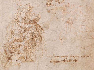Studies of the Virgin and Child (detail; c. 1522–24), Michelangelo. Pen and brown ink, with copies in red chalk by Antonio Mini. British Museum