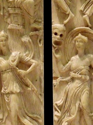 Ivory diptych showing images of the muses together with ancient scholars or scientists (5th century), possibly Gaul. Musée du Louvre.