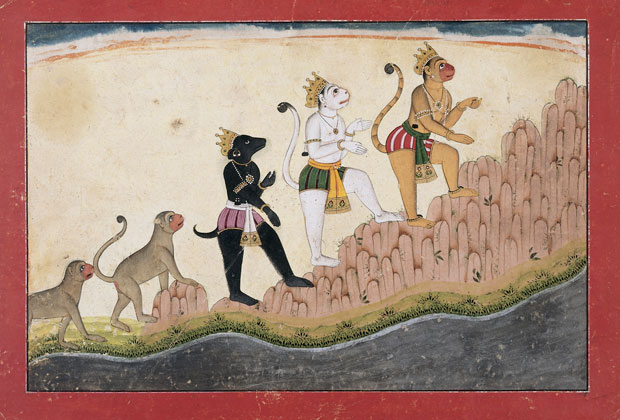 Hanuman, Angada, and Jambavan climb Mount Mahendra (c. 1720), India, western Pahari region, Himachal Pradesh state. Photograph © Rainer Wolfsberger