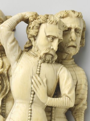 Three soldiers (from the Flagellation of Christ; 1360), Master of Agrafen, or a follower.