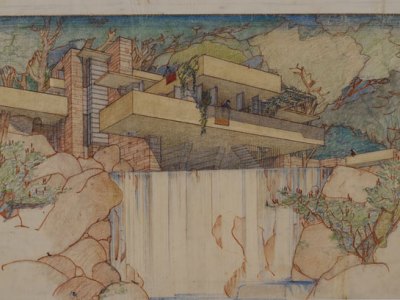 Perspective from the south of Fallingwater (Kaufmann House), Mill Run, Pennsylvania (1934–37), Frank Lloyd Wright. The Frank Lloyd Wright Foundation Archives, New York. © 2017 Frank Lloyd Wright Foundation/Artists Rights Society (ARS), New York