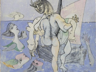 Minotaure dans une barque sauvant une femme (1937), Pablo Picasso. Private collection. Photo: Eric Baudouin; Courtesy Gagosian; © 2017 Estate of Pablo Picasso / Artists Rights Society (ARS), New York