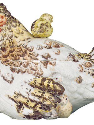 A 'Hen and Chickens' tureen and cover (illustrated) with stand, c. 1755–56, width 35.5cm (tureen). Christie's London, £223,650