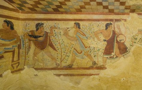 Frescoes in the Tomb of the Leopards, Necropolis of Monterozzi, Tarquinia. Courtesy Mibact. Soprintendenza Archeologia, Belle Arti e Paesaggio per l'Area Metropolitana di Roma, la Provincia di Viterbo e l'Etruria Meridionale