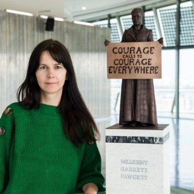 Gillian Wearing with a model of suffragist leader Millicent Fawcett, Photo: Caroline Teo/GLA/PA