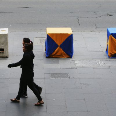 Artwork on concrete blocks acting as bollards on 4 July, 2017 in Melbourne, Australia. Photo: Michael Dodge/Getty Images