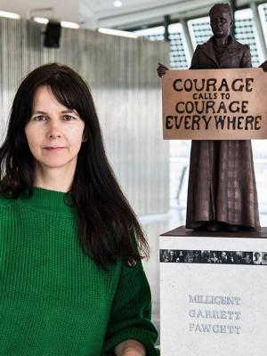 Artist Gillian Wearing with a model of her statue of Millicent Fawcett. Photograph: Caroline Teo/GLA/PA