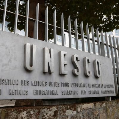 A picture taken on 12 October, 2017 shows the logo of the UNESCO headquarters in Paris. The United States and Israel have both announced their intention to withdraw from the organisation. JACQUES DEMARTHON/AFP/Getty Images