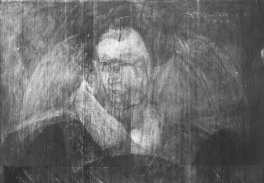 Detail of an X-ray showing the portrait of a woman believed to be Mary, Queen of Scots, underneath Adrian Vanson's portrait of Sir John Maitland.