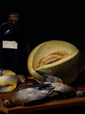 Still life with birds, melon and bottle of Peralta wine (detail; 1807), José López Enguídanos. Museo de la Real Academia de Bellas Artes de San Fernando, Madrid