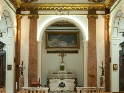 Our Lady of Sorrows, view of the interior looking towards the main altar, with the painting of Christ taken down from the Cross now attributed to Pietra Testa above, Reproduced by permission of the Provost and Fellows of Eton College