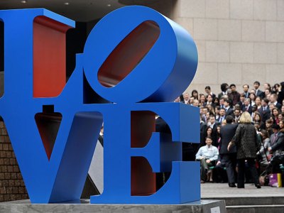 A sculpture from Robert Indianas LOVE series in Hong Kong, 2008.