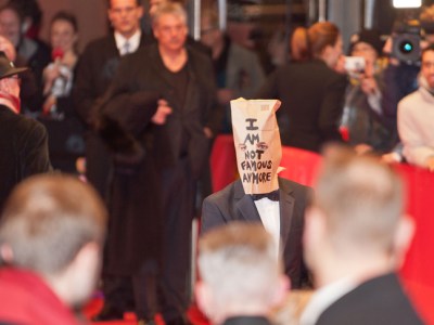 Shia LaBeouf wearing a paper bag on his head at the premiere of the film ‘Nymphomaniac (I)’