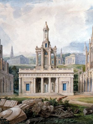 A Group of Churches, designed by Sir J. Soane to illustrate different Styles of Architecture Holy Trinity, Marylebone, St Peter’s, Walworth and the chapel at Tyringham, Buckinghamshire) (detail; c. 1825), Joseph Michael Gandy.