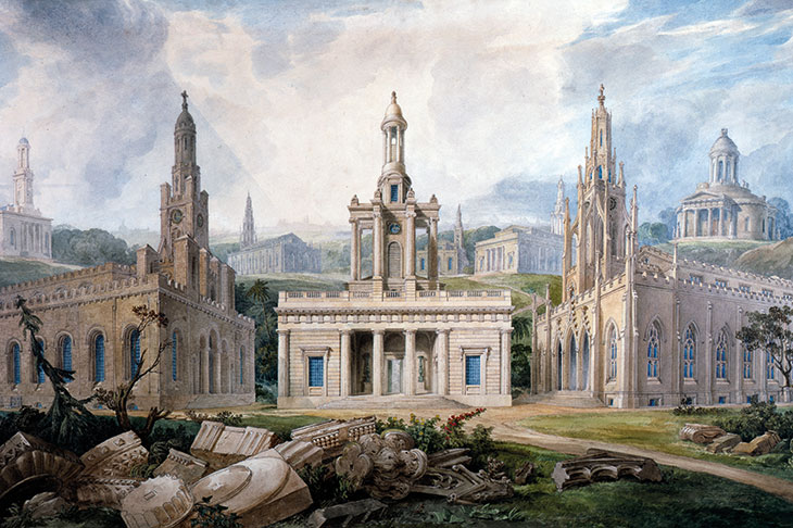 A Group of Churches, designed by Sir J. Soane to illustrate different Styles of Architecture Holy Trinity, Marylebone, St Peter’s, Walworth and the chapel at Tyringham, Buckinghamshire) (detail; c. 1825), Joseph Michael Gandy.