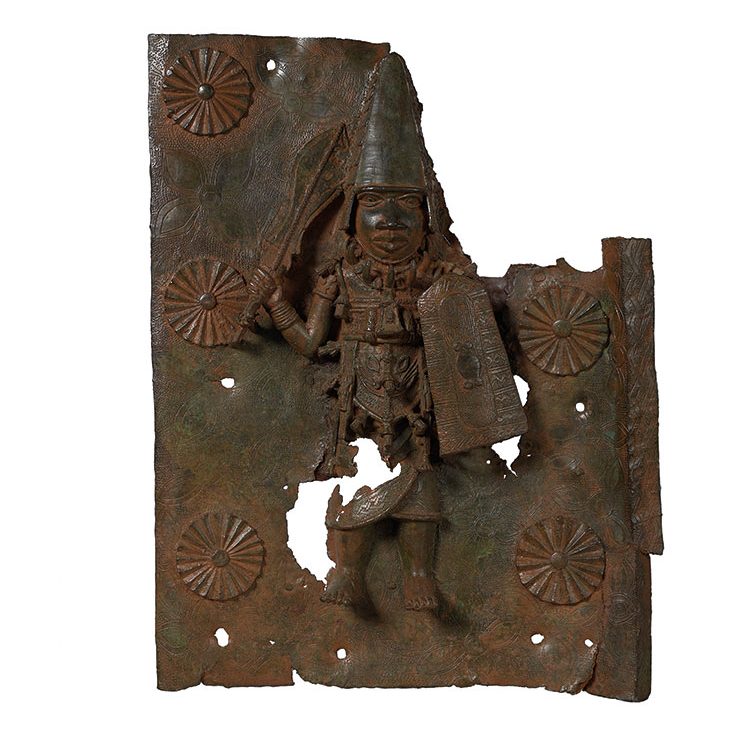 Rectangular brass plaque depicting Agban, the Ezomo (Deputy Commander in Chief of the Benin army) (c. 1578), Edo, Benin City.