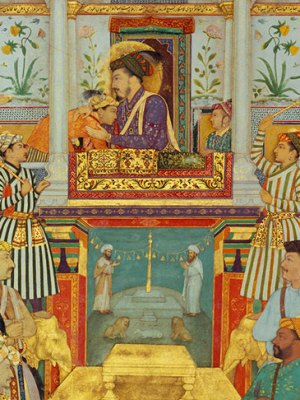 Shah Jahan receives his three eldest sons and Asaf Khan during his accession ceremonies from the Padshahnama manuscript (detail; c. 1630–40), Bichitr and Ramdas, Mughal.
