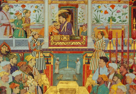 Shah Jahan receives his three eldest sons and Asaf Khan during his accession ceremonies from the Padshahnama manuscript (detail; c. 1630–40), Bichitr and Ramdas, Mughal.