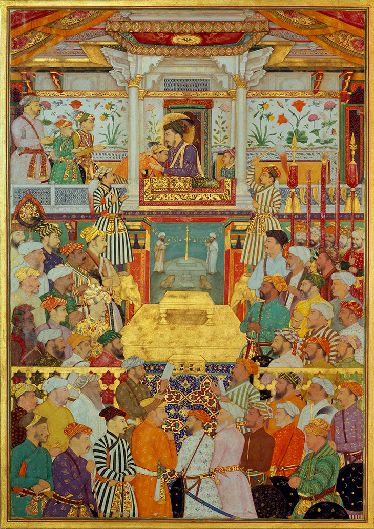 Shah Jahan receives his three eldest sons and Asaf Khan during his accession ceremonies from the Padshahnama manuscript (detail; c. 1630–40), Bichitr and Ramdas, Mughal.