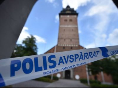 Cordoned crime scene at Strängnäs cathedral, west of Stockholm.