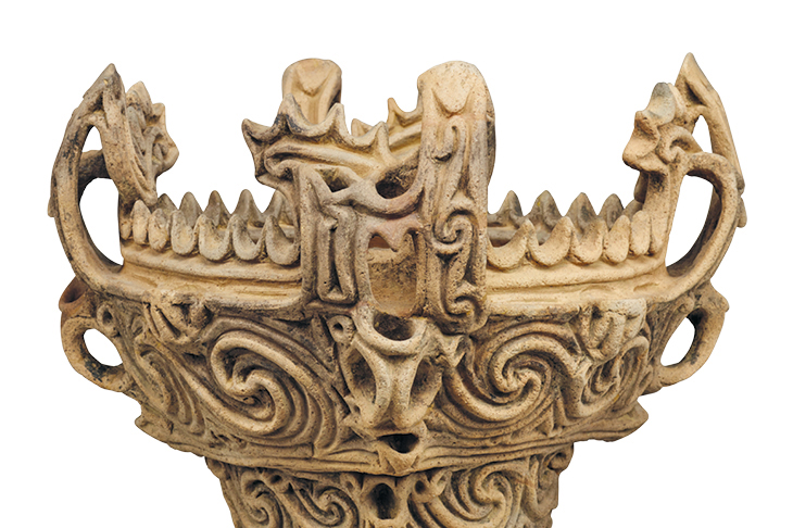 Vessel with flame-like ornamentation, Middle Jomon period (3,000–2,000 BC), from Sasayama site, Tokamachi-shi. Tokamachi City Museum, Niigata