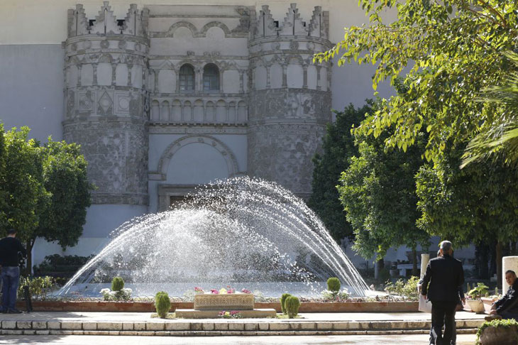 The entrance to the National Museum of Damascus, featuring the doorway from the Umayyad desert castle at Qasr al-Hayr al-Sharqi in the Syrian desert.