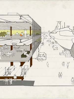 Cross section by Norman Foster of the Fred Olsen Amenity Building, Millwall Docks, London (c. 1968–70).