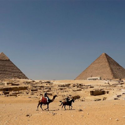 The Pyramid of Khafre (left) and the Great Pyramid of Giza (right), photographed in October 2018.