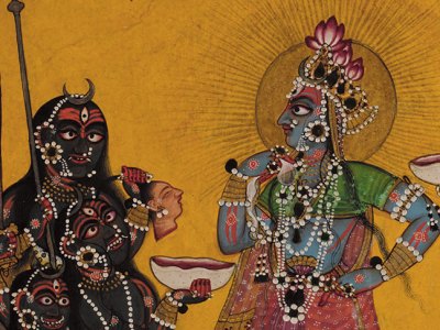 Devi in the Form of Bhadrakali Adored by the Gods (detail; c. 1660–70), folio from a dispersed Tantric Devi series, attributed to the Master of the Early Rasamanjari