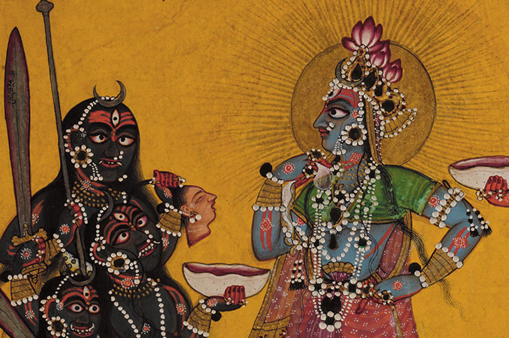 Devi in the Form of Bhadrakali Adored by the Gods (detail; c. 1660–70), folio from a dispersed Tantric Devi series, attributed to the Master of the Early Rasamanjari