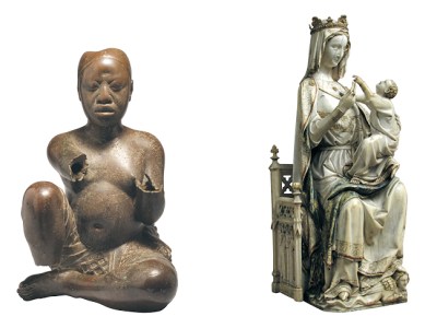 Left: Seated figure (late 13th–14th century), possibly Ife, Tada, Nigeria. Right: Virgin and Child (c. 1275–1300), France.