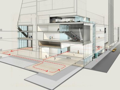 North/south section-perspective through the new gallery spaces at The Museum of Modern Art, looking east along Fifty-third Street.