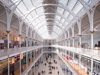 View of the Grand Gallery at the National Museum of Scotland.