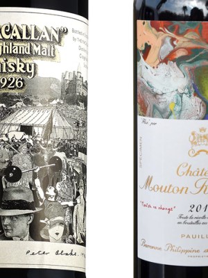 The Macallan 60-year-old 1926 single malt up for sale at Bonhams in March (right); Gerhard Richter’s label for the 2015 vintage of Chateau Mouton Rothschild