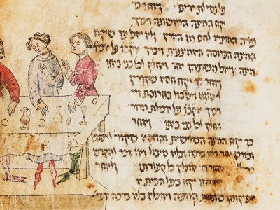 Detail showing three man at the Seder table, with wine glasses and mazzot, from the Lombard Haggadah (c. 1390–1400), circle of Giovannino de Grassi (Master of the Paris Tacuinum?), Milan