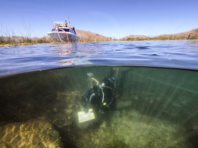 Archaeological excavations from an underwater ceremonial location near the Island of the Sun in Lake Titicaca, Bolivia.