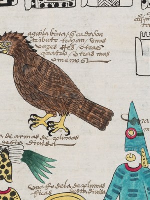 Detail from a page of the Codex Mexicana, c. 1541, created as a handbook for Charles V, Holy Roman Emperor and king of Spain, providing him with information about his new province. The writing is in the Mexica language, Nahuatl, and Spanish. Image courtesy Bodleian Libraries, University of Oxford