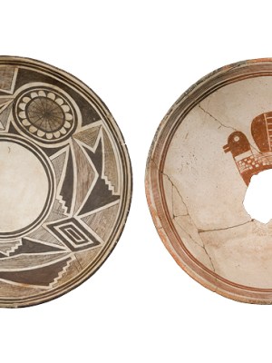 Left: Painted bowl with geometric design and possible flower images, Classic Mimbres period (1000–1130), New Mexico. Right: Painted bowl with composite animal figure, Classic Mimbres period (1000–1130).