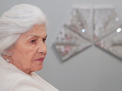 Monir Shahroudy Farmanfarmaian at the opening of her exhibition at The Third Line, Dubai, in March 2013.