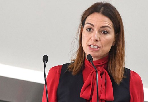 Yana Peel, who has resigned as the CEO of the Serpentine Galleries, speaking at a press conference at the gallery in 2016.