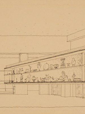 Drawing of a display case, c. 1940, Lina Bo Bardi. IBCV Archives.