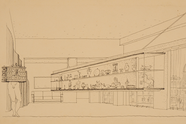 Drawing of a display case, c. 1940, Lina Bo Bardi. IBCV Archives.