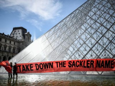 P.A.I.N. activists at the Louvre in Paris on 1 July 2019.