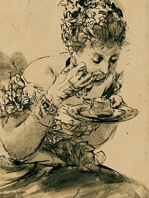 A Seated, Elegantly Dressed Lady Eating from a Plate (1878), Adolph Menzel, courtesy Stephen Ongpin Fine Art