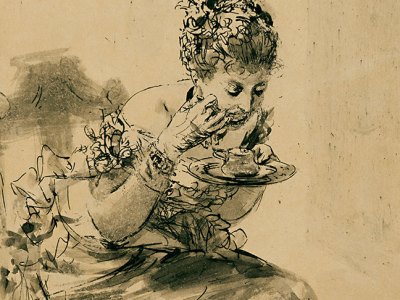 A Seated, Elegantly Dressed Lady Eating from a Plate (1878), Adolph Menzel, courtesy Stephen Ongpin Fine Art